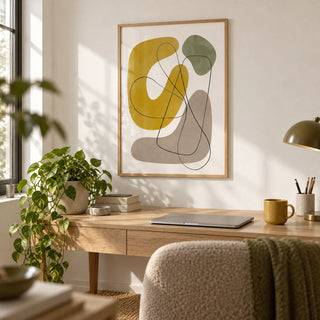 Abstract Wall Print, framed on the wall of a calm home office with a white wall