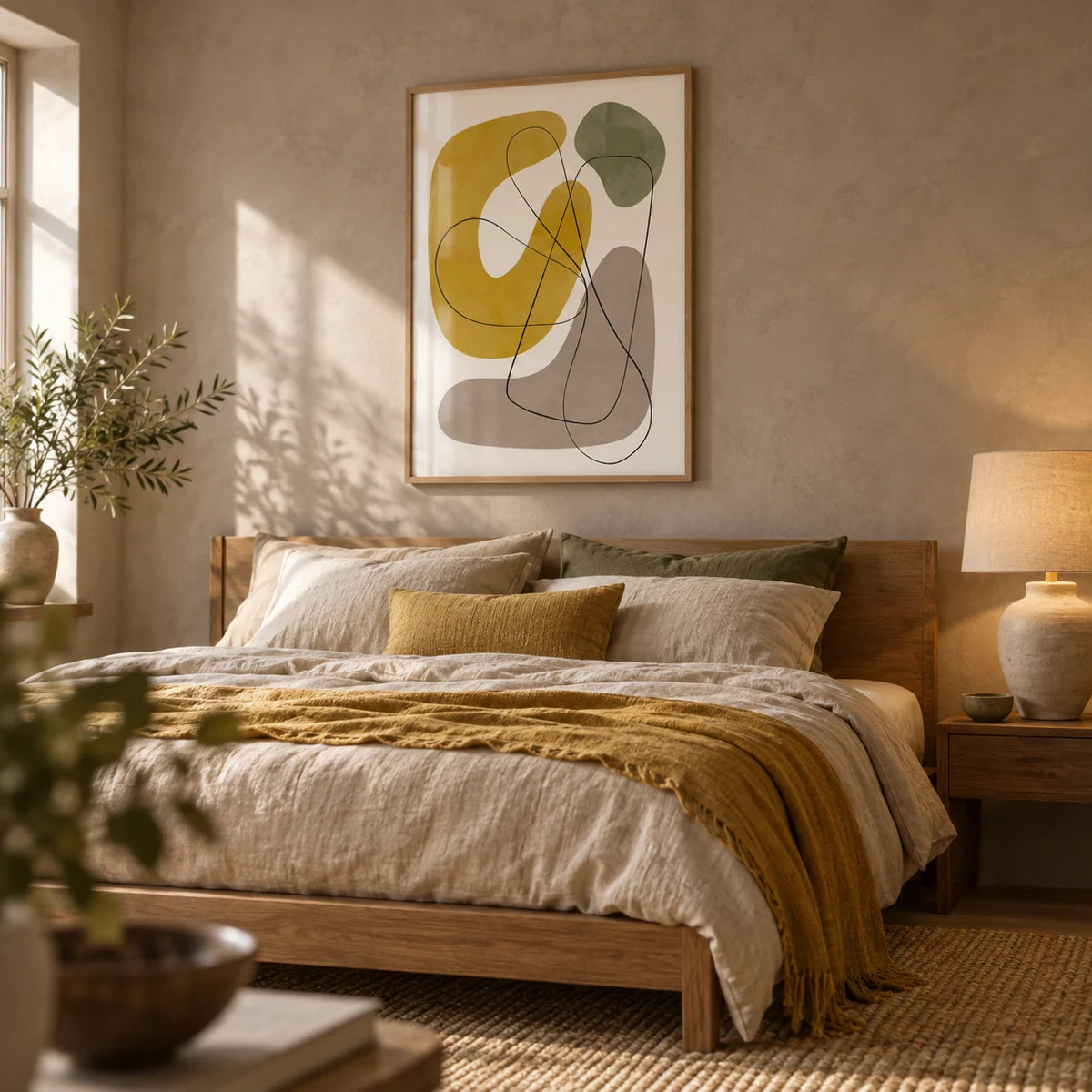 Abstract Wall Print, framed on the wall of an earthy bedroom with a warm taupe limewashed wall