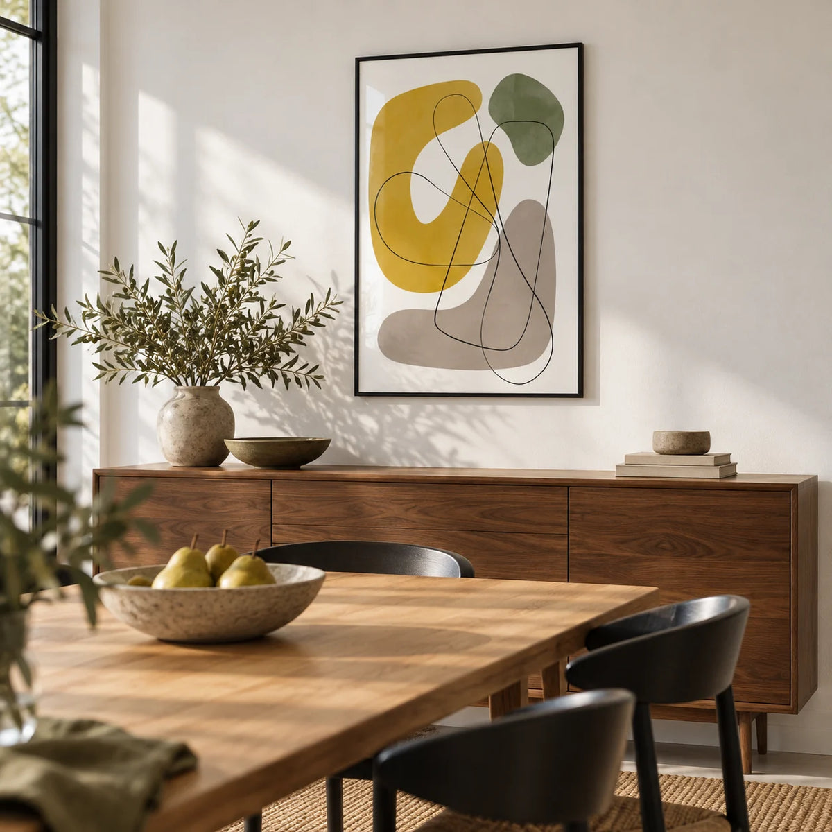 Abstract Wall Print, framed on the wall of a modern dining room with a white wall