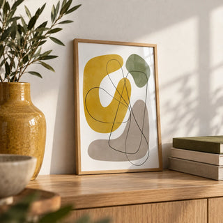 Abstract Wall Print, a small A4 framed print leaning on an oak shelf in a living room