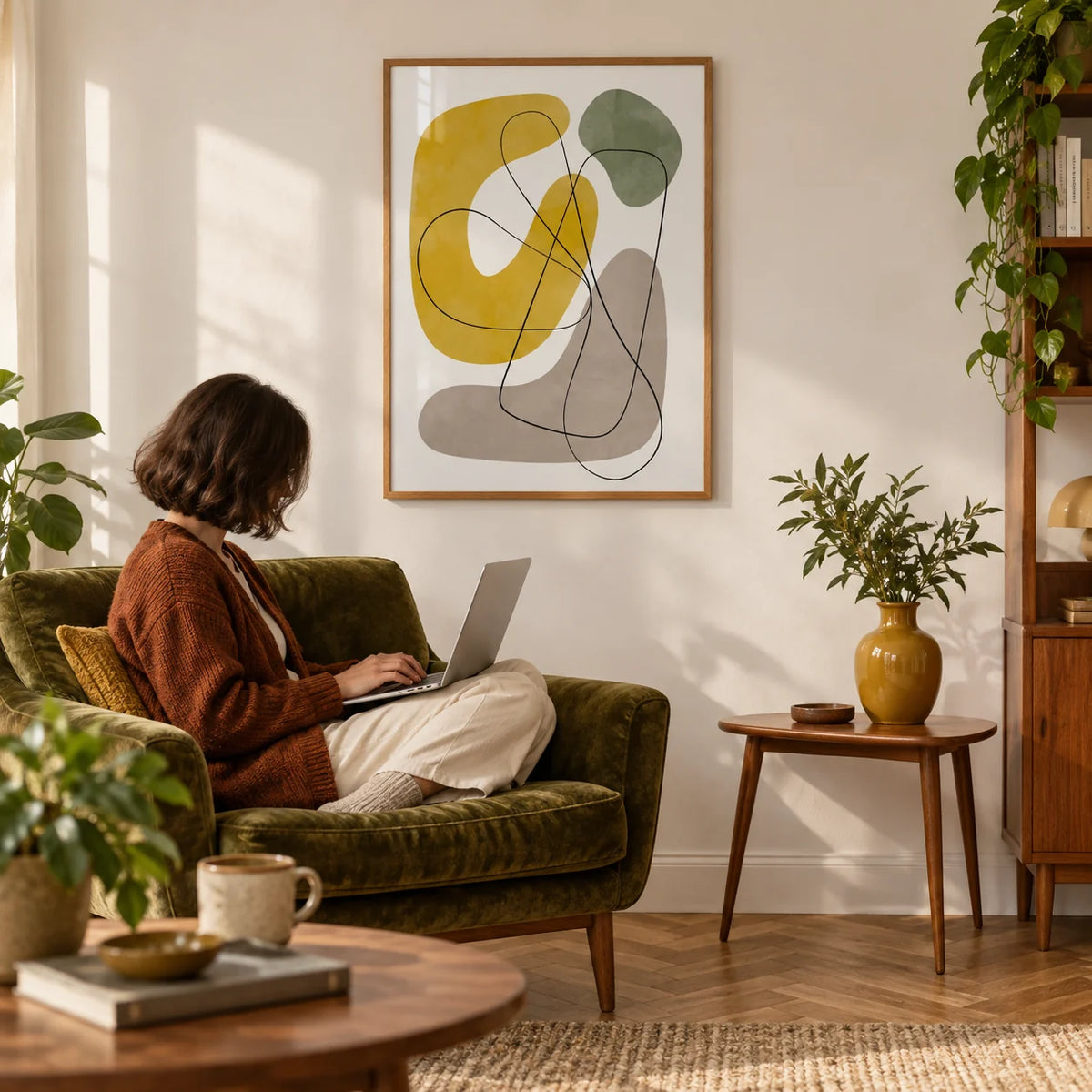 Abstract Wall Print, framed on the wall of a warm mid-century living room with a soft white wall and a herringbone oak floor