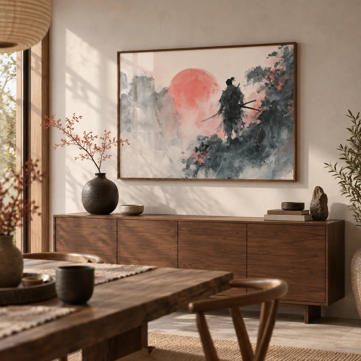 Abstract Warrior Poster, framed on the wall of a Japandi dining room