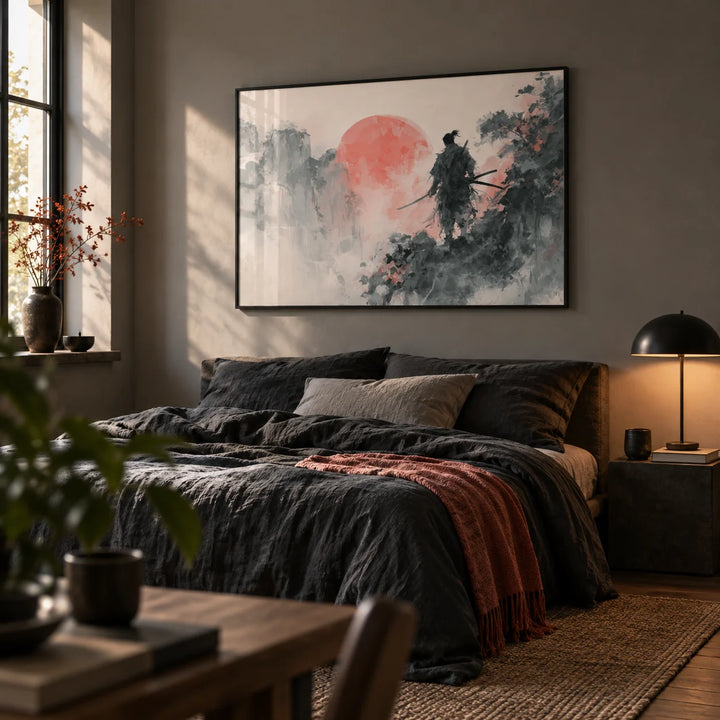 Abstract Warrior Poster, framed on the wall of a moody young man's bedroom (20-30) with a warm grey wall