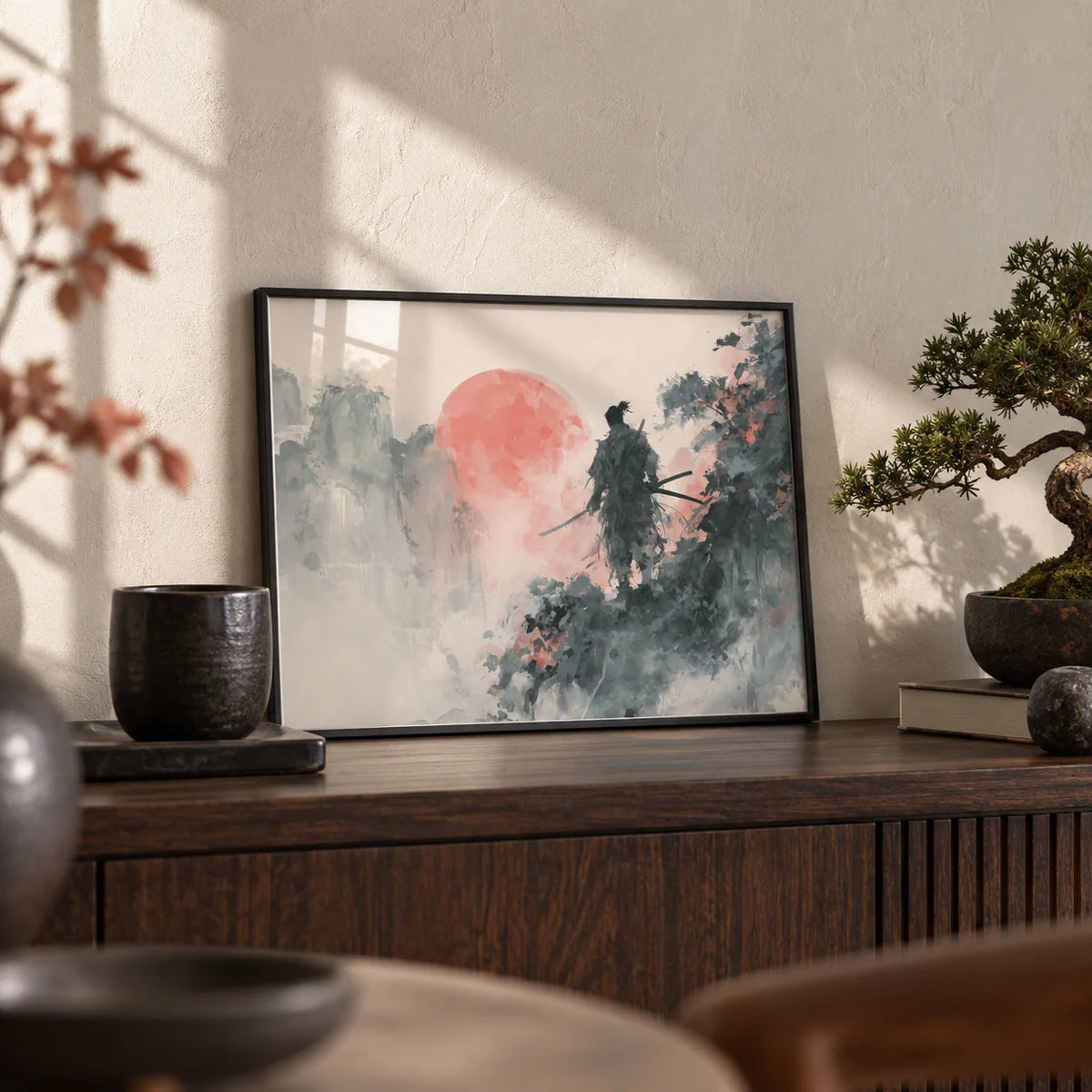 Abstract Warrior Poster, a small A4 framed print leaning on a dark wood sideboard in a living room