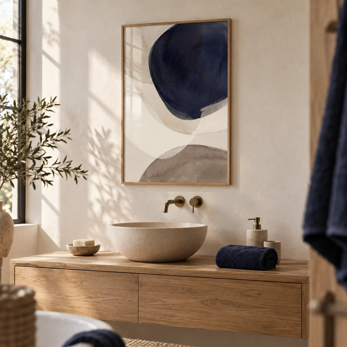 Abstract Watercolor Print, framed on the wall of a calm bathroom with a warm white plaster wall