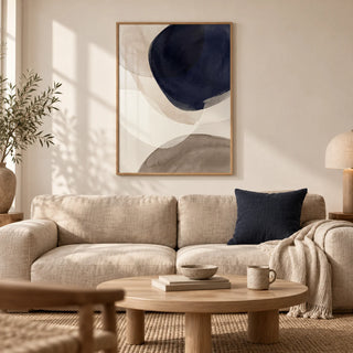 Abstract Watercolor Print, framed on the wall of a calm Japandi living room with a warm white wall
