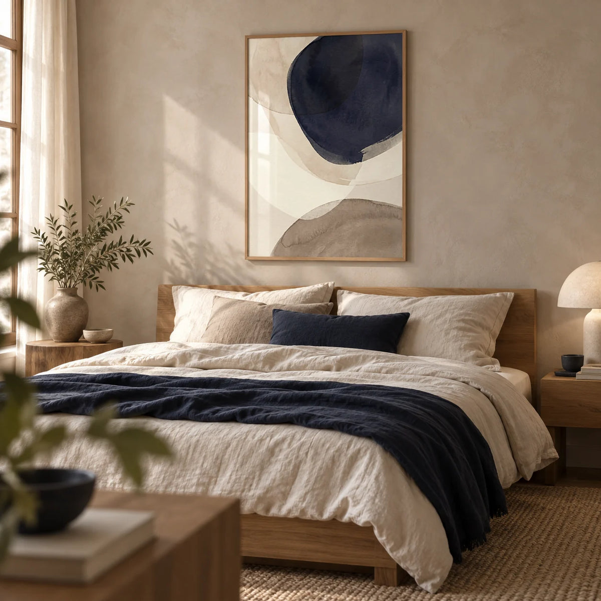 Abstract Watercolor Print, framed on the wall of a serene bedroom with a soft taupe limewash wall