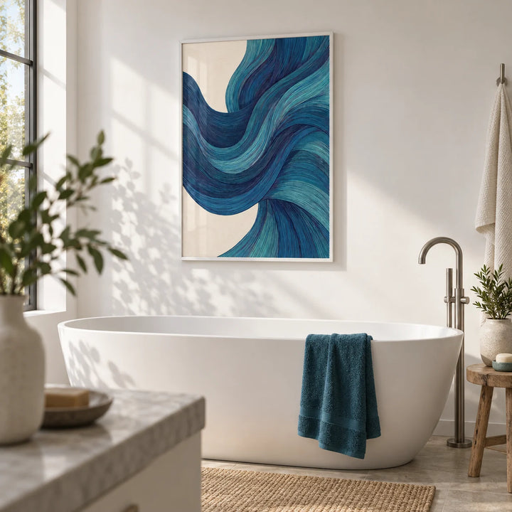 Abstract Wave Art, framed on the wall of a calm white bathroom