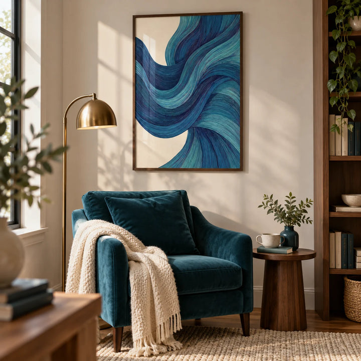 Abstract Wave Art, framed on the wall of a reading corner in a living room