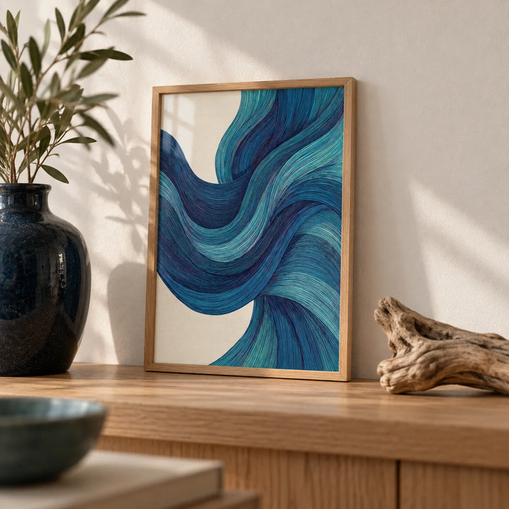Abstract Wave Art, a small A4 framed print leaning on an oak shelf in a living room
