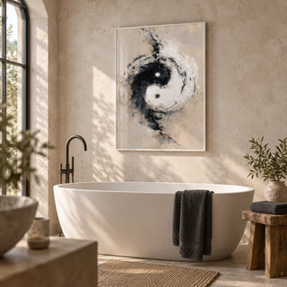 Abstract Yin Yang Art, framed on the wall of a calm spa-like bathroom with limewashed stone walls
