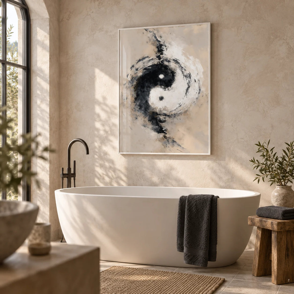 Abstract Yin Yang Art, framed on the wall of a calm spa-like bathroom with limewashed stone walls