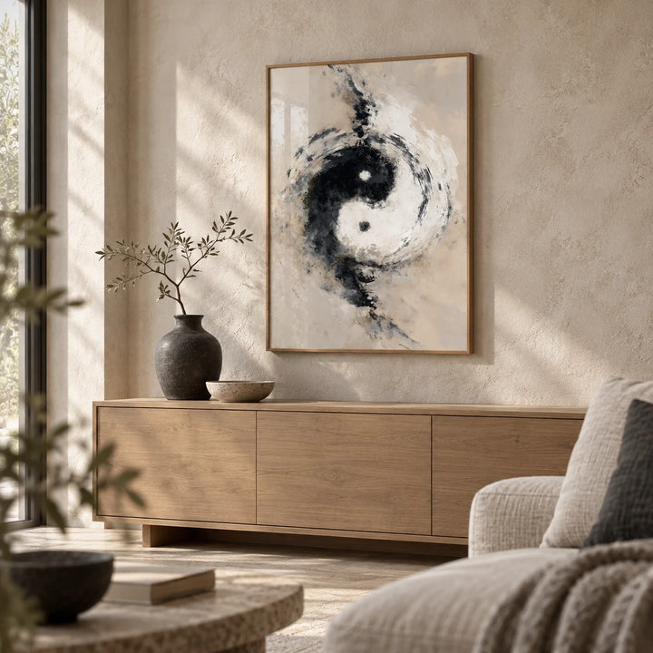Abstract Yin Yang Art, framed on the wall of a Japandi living room with a limewashed stone wall