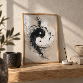 Abstract Yin Yang Art, a small A4 framed print leaning on an oak shelf in a living room