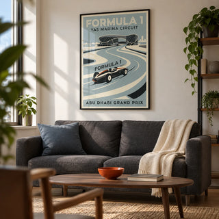 Abu Dhabi Race Circuit Poster, framed on the wall of a compact modern living room in a motorsport fan's first flat (22-28) with a warm white wall
