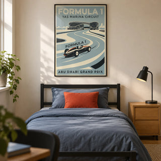 Abu Dhabi Race Circuit Poster, framed on the wall of a modern motorsport-loving teen bedroom (13-17) in a UK family home with a warm cream wall and oak floor