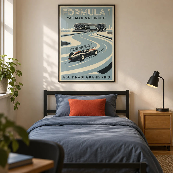Abu Dhabi Race Circuit Poster, framed on the wall of a modern motorsport-loving teen bedroom (13-17) in a UK family home with a warm cream wall and oak floor