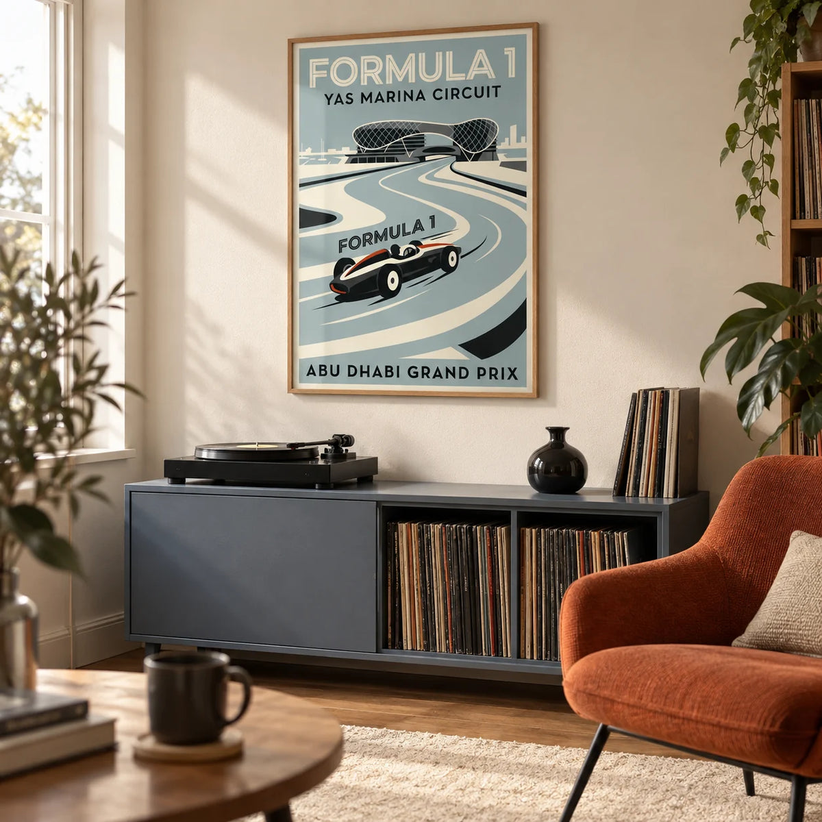 Abu Dhabi Race Circuit Poster, framed on the wall of a retro-modern racing enthusiast's snug in a UK semi-detached house with a cream wall in a living room