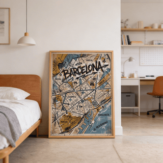 Typographic city map wall art showing Barcelona, diagonal road lines, and textures