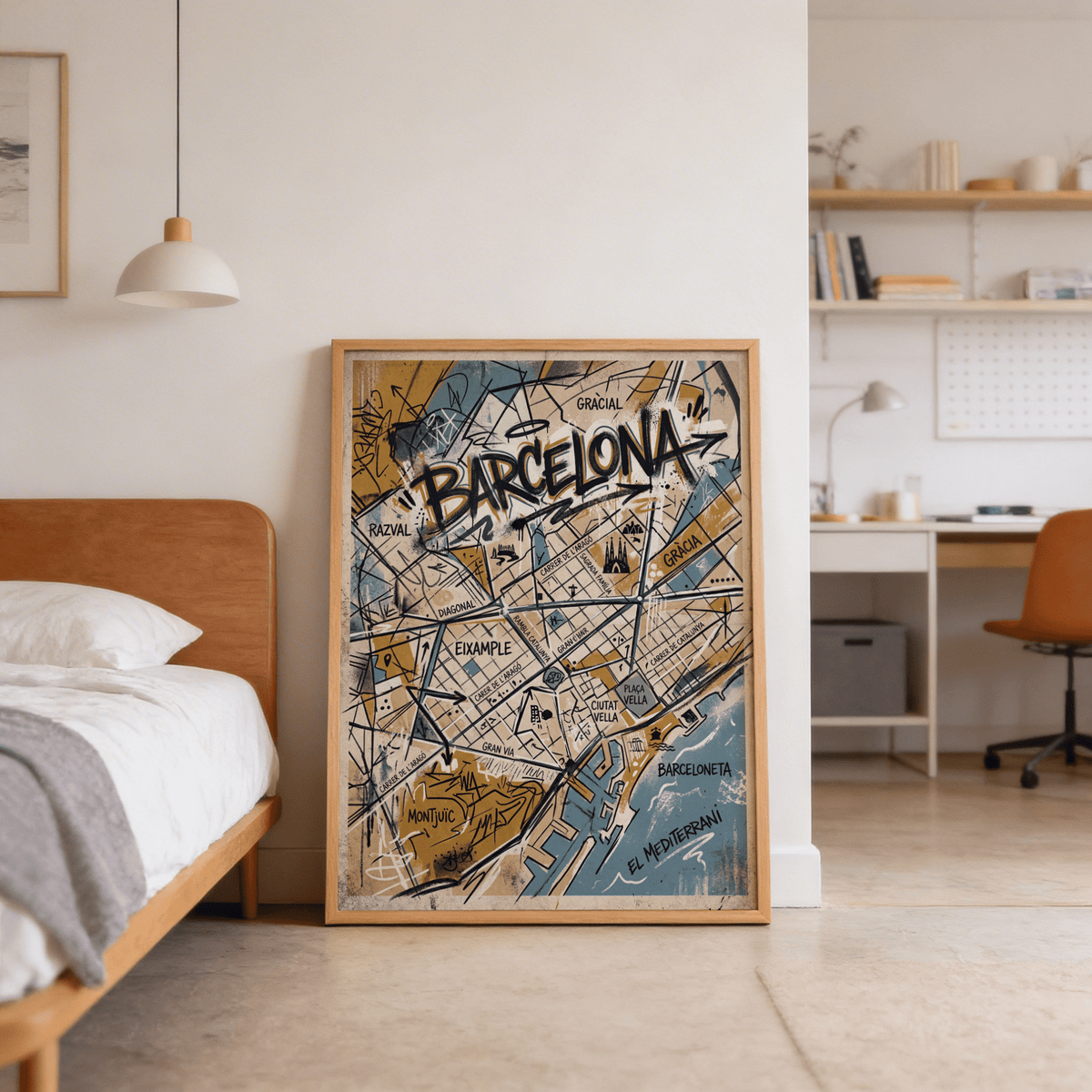 Typographic city map wall art showing Barcelona, diagonal road lines, and textures