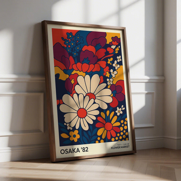 Bold retro wall art prints with navy background and vibrant flowers