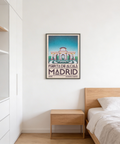 Illustrated Madrid Architecture Poster with Puerta de Alcalá archway, Green Blue Beige palette, and bold wordmark