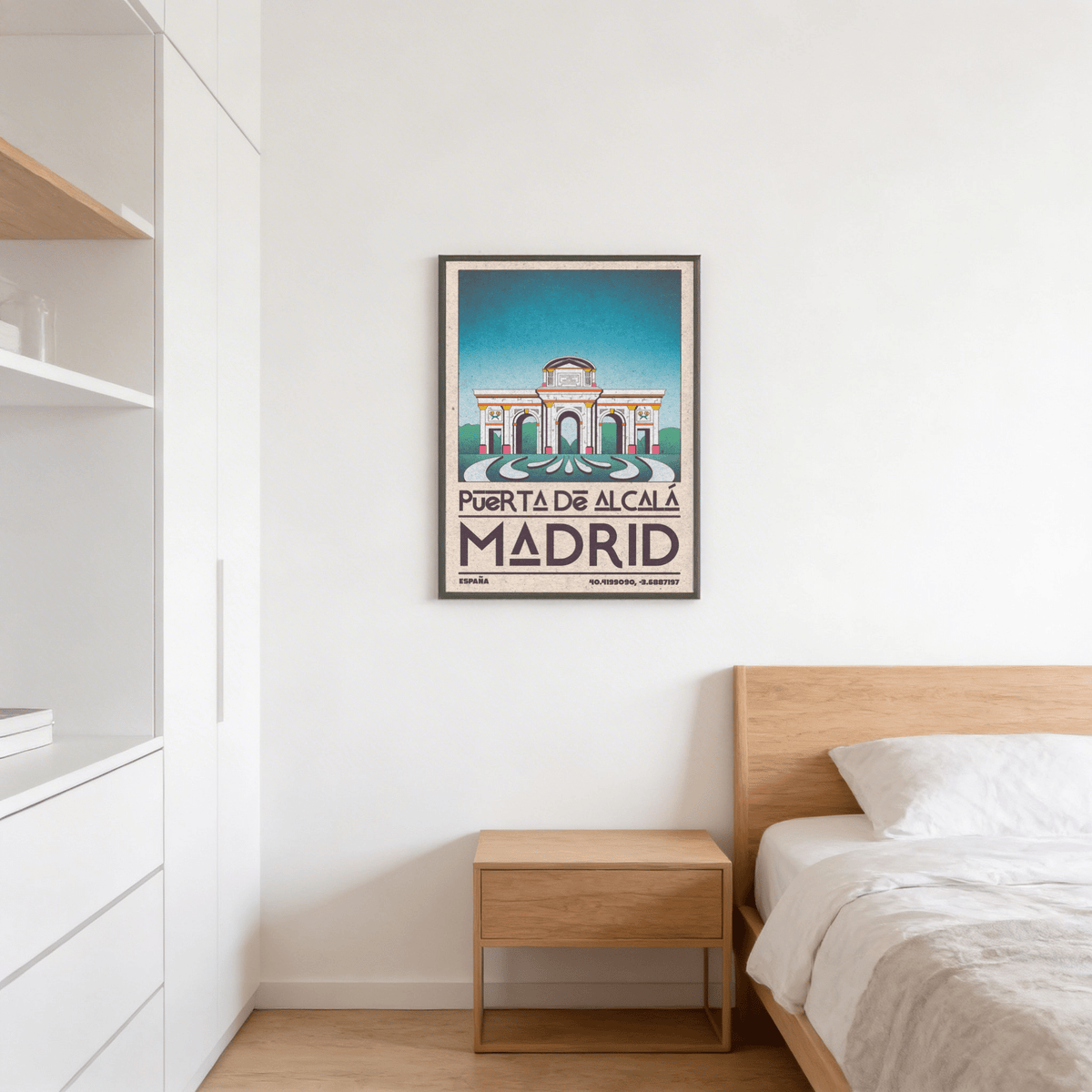 Illustrated Madrid Architecture Poster with Puerta de Alcalá archway, Green Blue Beige palette, and bold wordmark