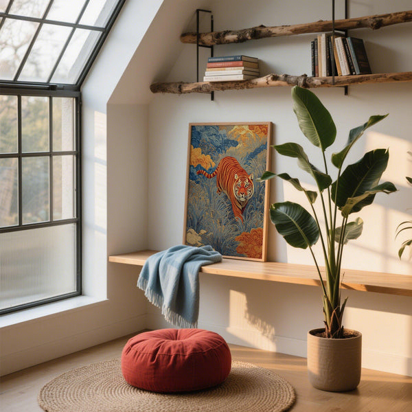 Oriental artwork of a tiger against a decorative nature scene.