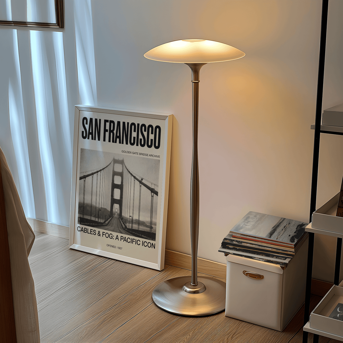 Foggy bridge roadway photograph framed by vintage typography