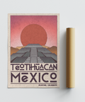 Landmark travel artwork with bold TEOTIHUACAN typography and coordinates