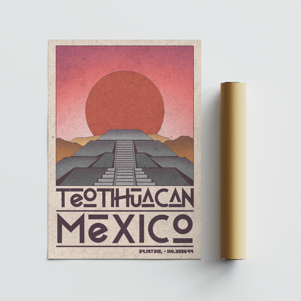 Landmark travel artwork with bold TEOTIHUACAN typography and coordinates