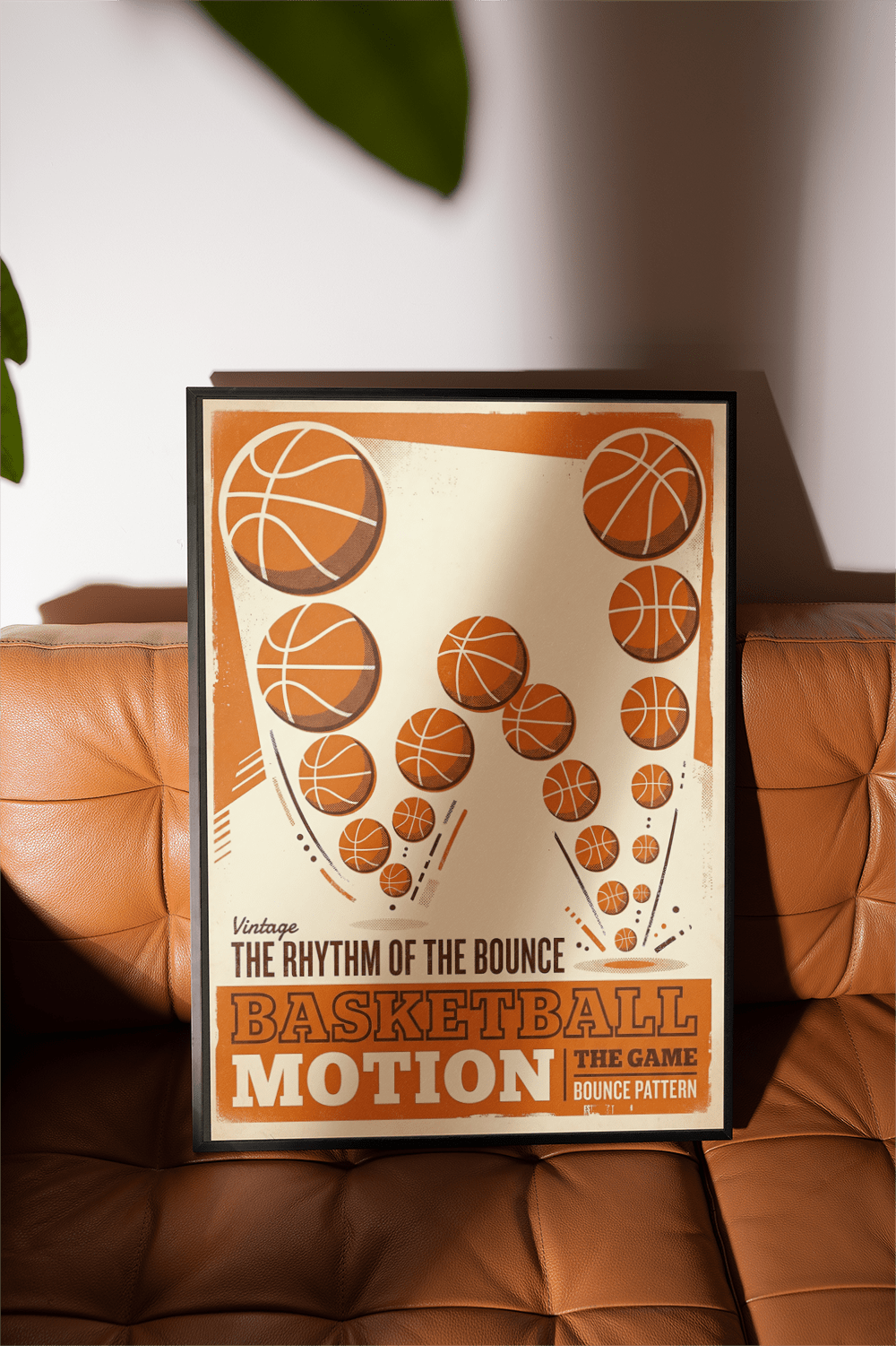 Typography-led basketball wall art print with distressed border and dotted accent marks