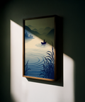 Atmospheric landscape poster of a boat on a wide river with soft horizon layers