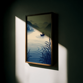 Atmospheric landscape poster of a boat on a wide river with soft horizon layers
