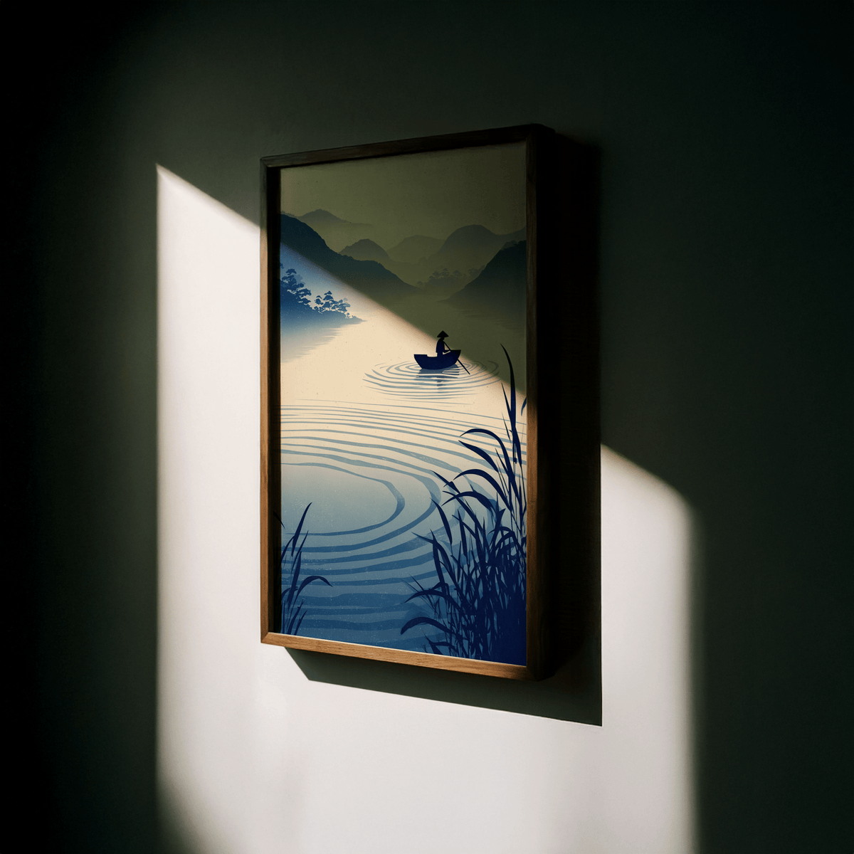 Atmospheric landscape poster of a boat on a wide river with soft horizon layers