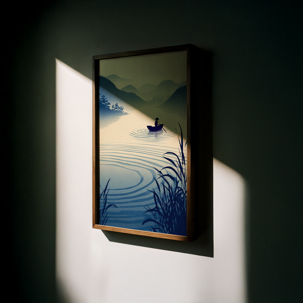 Atmospheric landscape poster of a boat on a wide river with soft horizon layers