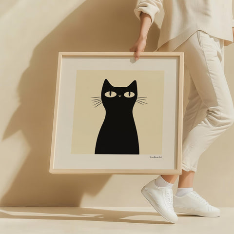 Minimalist black cat print in sleek style.