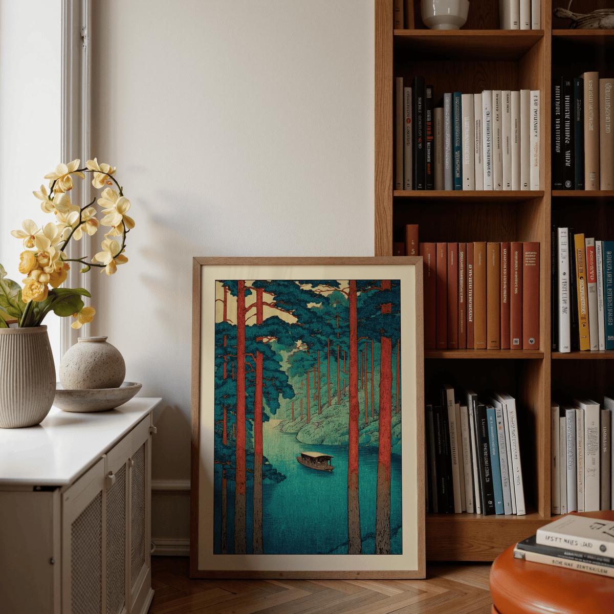 Detailed Hasui Kawase tranquil river print featuring a boat on still water among dense trees