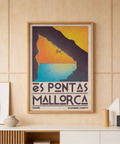 Mallorca Climbing Poster angled on wall with layered sea and sky colors