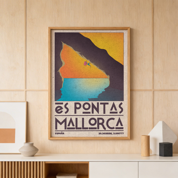 Mallorca Climbing Poster angled on wall with layered sea and sky colors