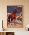 Wall print showing Horse Line Art against layered blue and brown hills