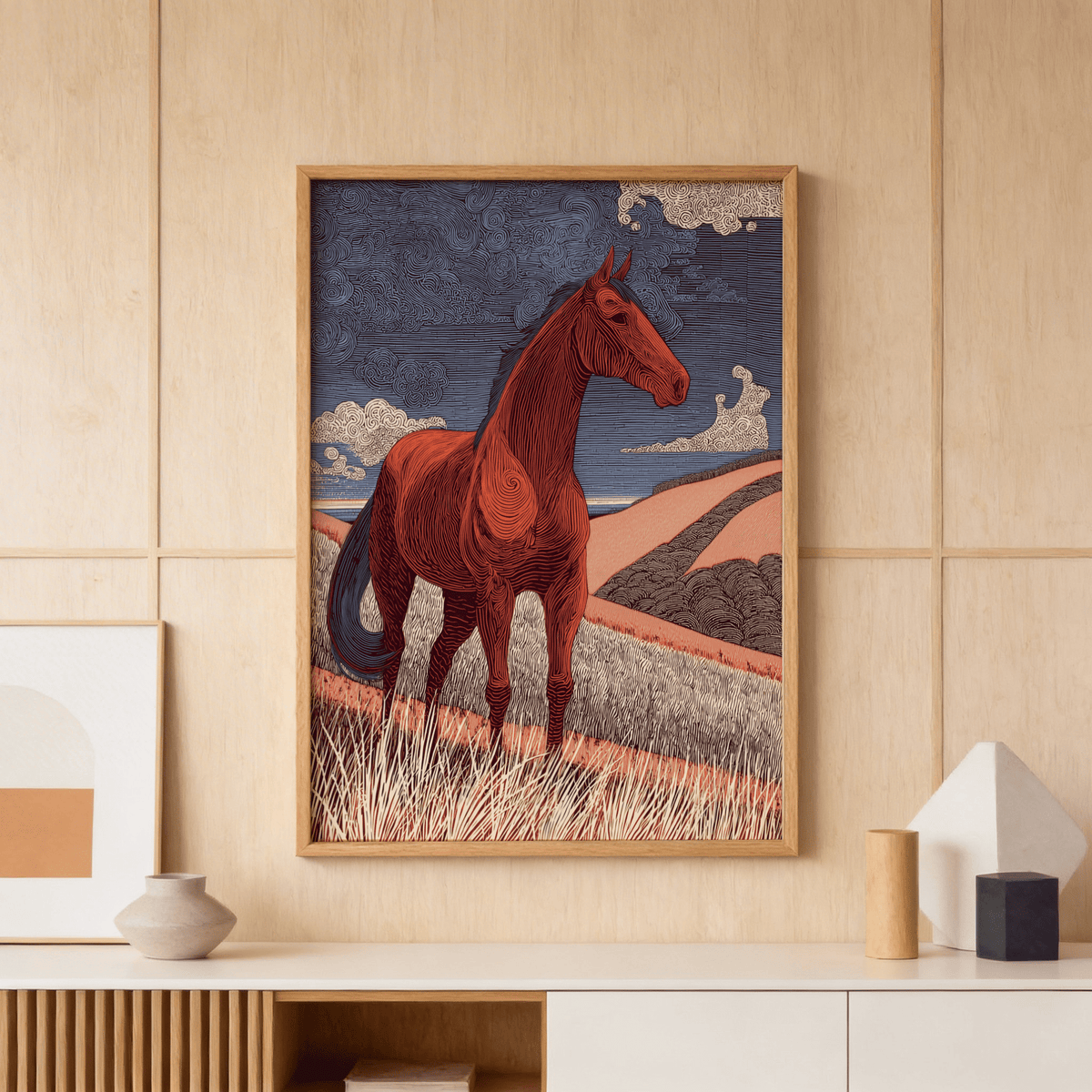 Wall print showing Horse Line Art against layered blue and brown hills