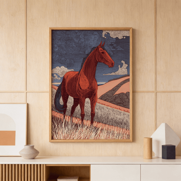Wall print showing Horse Line Art against layered blue and brown hills
