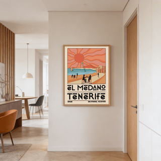 Retro-style Tenerife Travel Poster design with beach figures, kite surfing scene, and bold destination title
