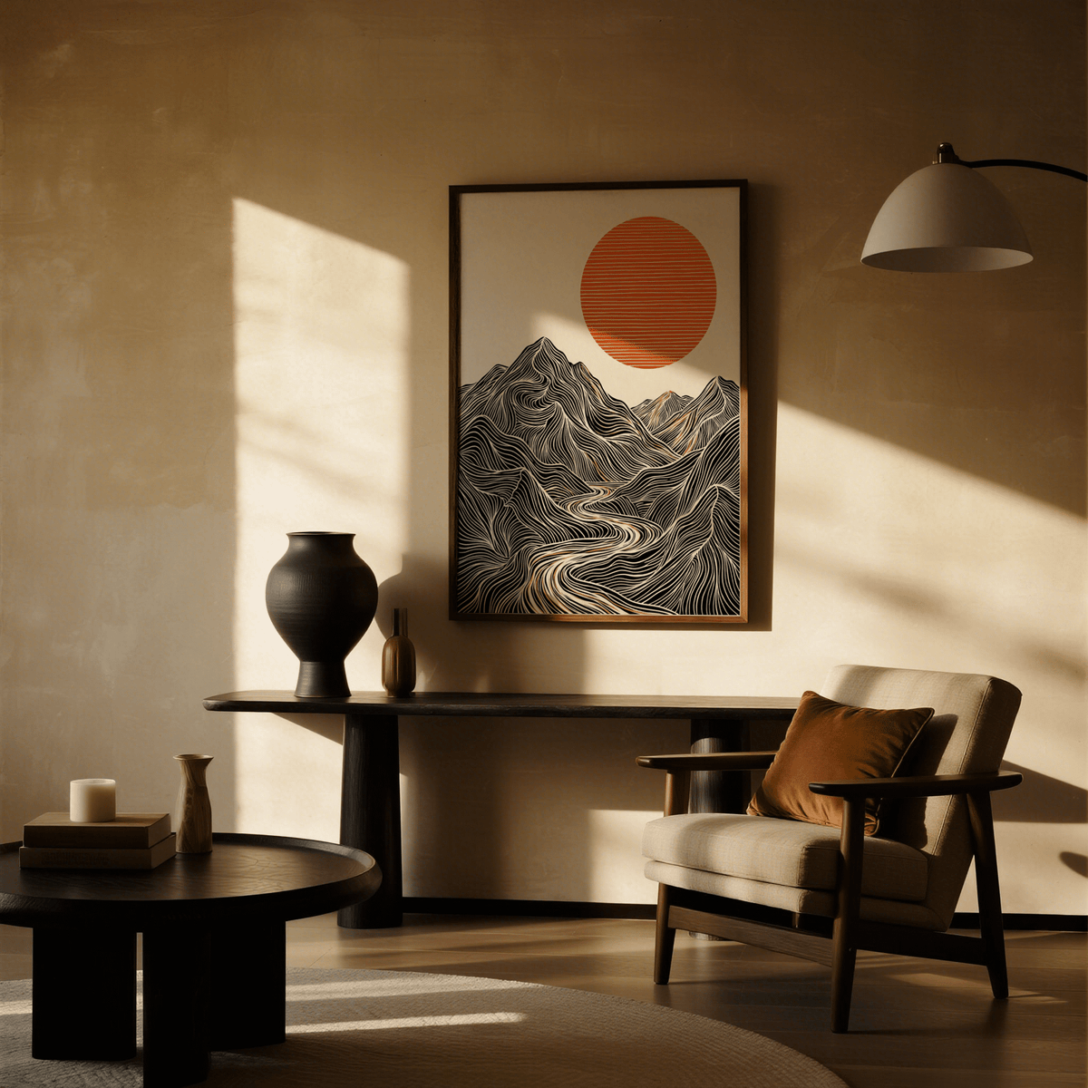 Contemporary Abstract Nature Wall Art in beige with orange sun, dining room poster