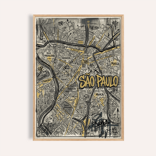 Framed print close-up of Sao Paulo Map Art graffiti style city map in black and gold on grey background