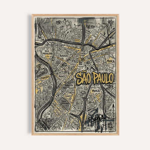 Overview of Sao Paulo Map Art poster with hand-drawn street grid and bold lettering
