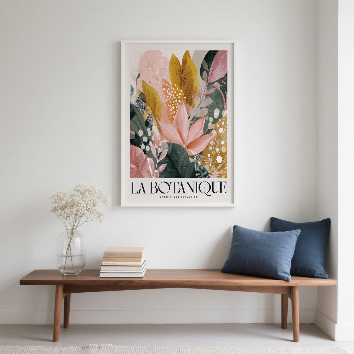 Modern flower prints with blush blossoms and green leaves