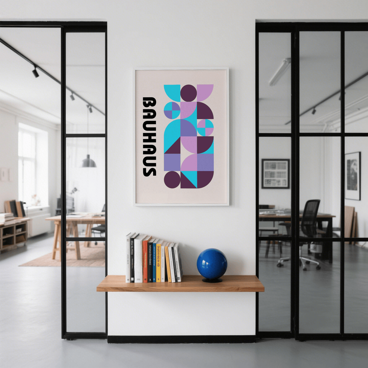 Colorful Shape Print wall art featuring Purple, Pink, Blue for studio setting