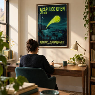 Acapulco Open Tennis Art Print, framed on the wall of a compact home study in a design-conscious UK flat